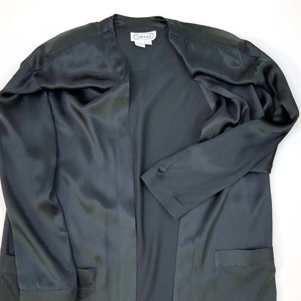 Black Satin Silk Open-Front Jacket Kimono-Style Robe Sz M - Picture 11 of 16